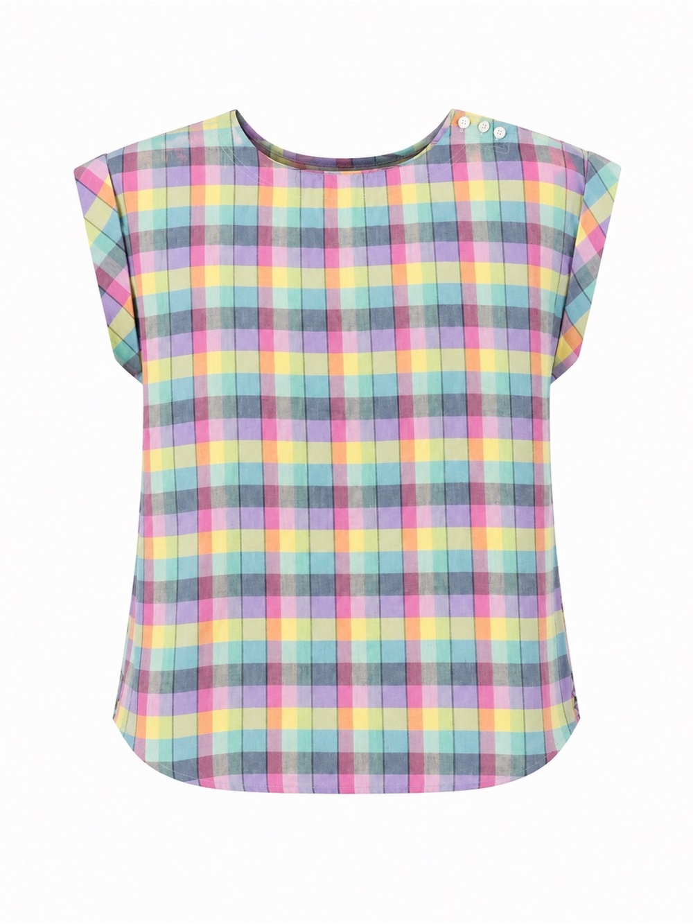 Lightweight Plaid Cap-Sleeve Top in Pastel Multi -